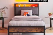3ft Single Bed Frame with Storage Headboard,LED Lights,Metal Upholstered Platform Bed Frame with Charging Station,Mattress Foundation/Strong Slats Support/Under-bed Storage/Easy Assembly/Brown