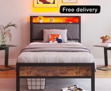3ft Single Bed Frame with Storage Headboard,LED Lights,Metal Upholstered Platform Bed Frame with Charging Station,Mattress Foundation/Strong Slats Support/Under-bed Storage/Easy Assembly/Brown