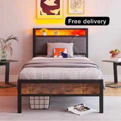3ft Single Bed Frame with Storage Headboard,LED Lights,Metal Upholstered Platform Bed Frame with Charging Station,Mattress Foundation/Strong Slats Support/Under-bed Storage/Easy Assembly/Brown