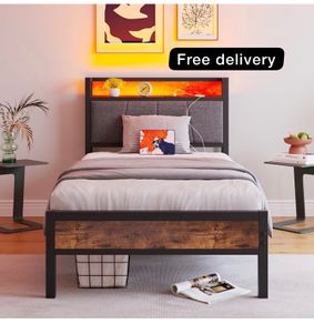 3ft Single Bed Frame with Storage Headboard,LED Lights,Metal Upholstered Platform Bed Frame with Charging Station,Mattress Foundation/Strong Slats Support/Under-bed Storage/Easy Assembly/Brown
