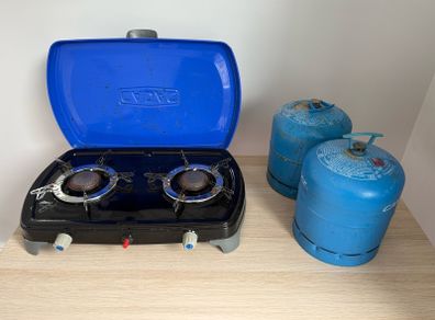 Camping gas cooker and gas bottles