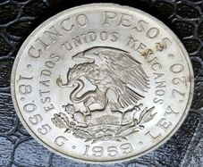 1959 Mexico Silver  5 Pesos Centennial of Carranza's Birth coin