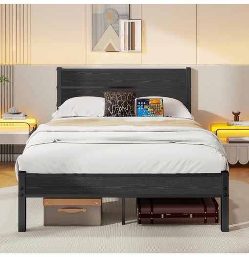 Double Bed Frame with Wooden Headboard