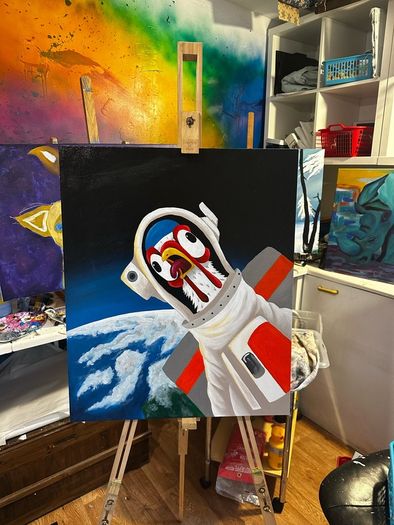 Crazy Space Chicken Original Acrylic Painting