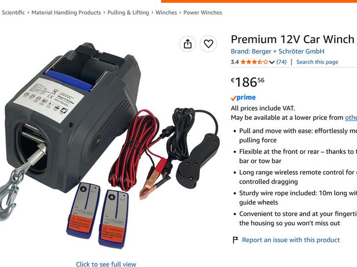 Berger + Schroter 12V Premium Cable Winch with radio remote control