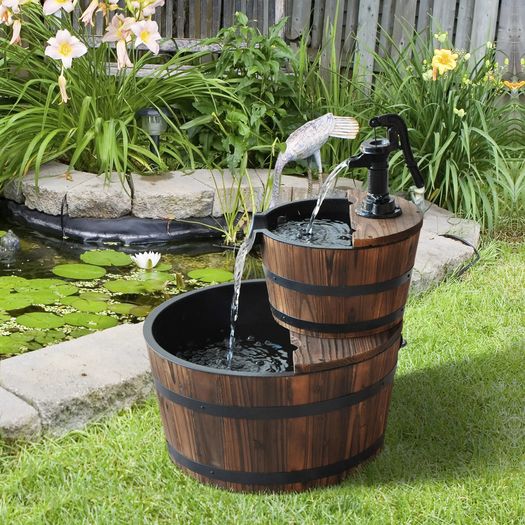 Wooden Water Pump Fountain, 2 Tier-Fir Wood/Steel