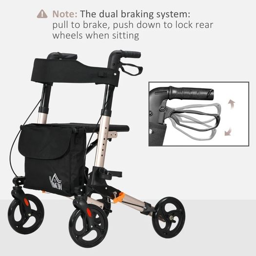 Wheel Rollator with Seat and Back, Folding Mobility Walker with Carry Bag, Adjustable Height, Dual Brakes, Cane Holder, Lightweight Aluminium Walking Frame for Seniors and Disabled, Gold Tone