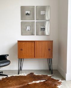 Vintage Mid Century Teak Sliding Door Storage/Vinyl Cabinet