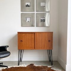 Vintage Mid Century Teak Sliding Door Storage/Vinyl Cabinet