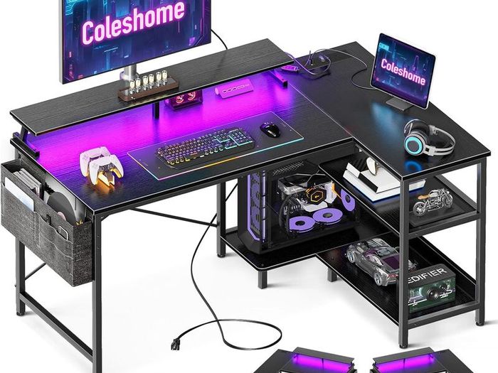 L Shaped Gaming Desk with LED Lights 120 x 80 cm Computer Power Outlet Reversible Corner Table Storage Shelves Monitor Stand Black