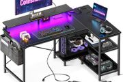 L Shaped Gaming Desk with LED Lights 120 x 80 cm Computer Power Outlet Reversible Corner Table Storage Shelves Monitor Stand Black
