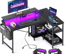 L Shaped Gaming Desk with LED Lights 120 x 80 cm Computer Power Outlet Reversible Corner Table Storage Shelves Monitor Stand Black