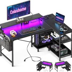 L Shaped Gaming Desk with LED Lights 120 x 80 cm Computer Power Outlet Reversible Corner Table Storage Shelves Monitor Stand Black