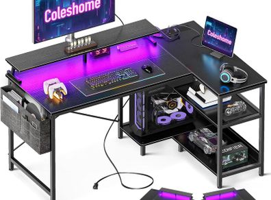 L Shaped Gaming Desk with LED Lights 120 x 80 cm Computer Power Outlet Reversible Corner Table Storage Shelves Monitor Stand Black
