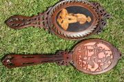 Vintage Olive Wood Vanity Mirrors Hand Held Carved
