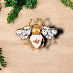 White Meenakari / Enamelled Bee-Shaped Brooch / Lapel Pin
