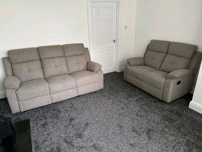 Hailey Biege & Slate Grey Fabric Recliner Sofa Set