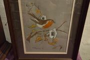 Robin Perched on a Branch Signed Painting - Framed