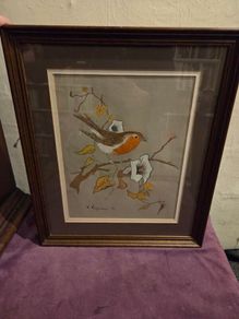 Robin Perched on a Branch Signed Painting - Framed