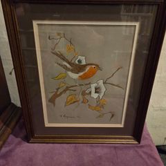 Robin Perched on a Branch Signed Painting - Framed