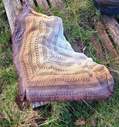 Handmade crochet triangle shawl wrap. Brown and beige ombre lacy shawl