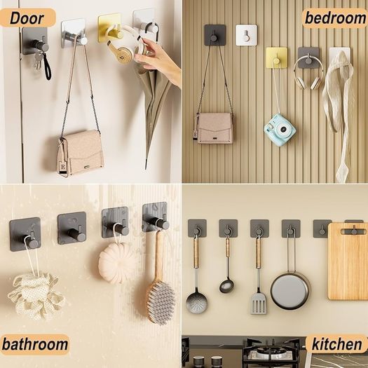 4 Pack Self Adhesive Hooks, Max 8kg Load Capacity, Adhesive Hooks, Tea Towel Hooks, Versatile Self Adhesive Wall Hooks for Use in Bathrooms, Kitchens, Doors Black