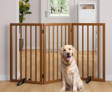 Wood Dog Gates and Barriers Indoor 3-Panel Freestanding Dog Gates for The House with 2 Metal Stands 82cm(H) Folding Pet Gate for Stair Doorway Expands Up to 140cm(W) Fully Assembled-Walnut