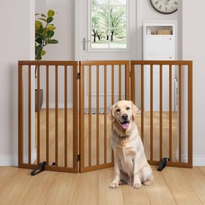 Wood Dog Gates and Barriers Indoor 3-Panel Freestanding Dog Gates for The House with 2 Metal Stands 82cm(H) Folding Pet Gate for Stair Doorway Expands Up to 140cm(W) Fully Assembled-Walnut