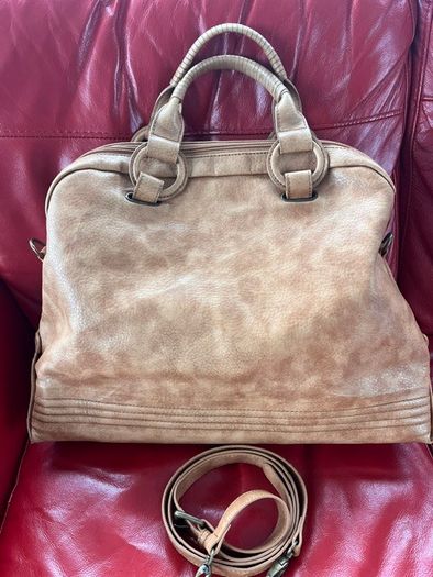 A-WEAR BAG OVERNIGHT WEEKEND Camel beige Stylish Faux Leather bag. Brass hardware In Very Good Condition. Generous sizing