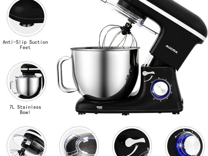 Stand Mixer,7L Tilt-Head Food Mixer, 6 Speed Electric Kitchen Mixer with Dough Hook, Wire Whip & Beater 1400W (7L, Black)