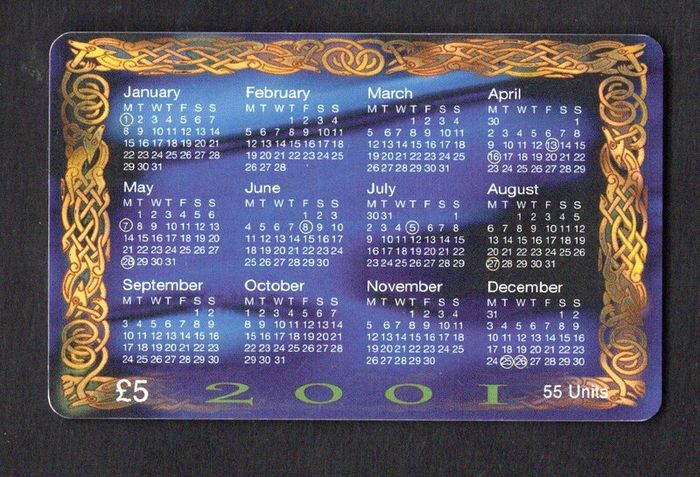2001 Isle of Man UK5 2001 Calendar - Celtic Art (Siemens - S30 (Module 34)) Phone Card