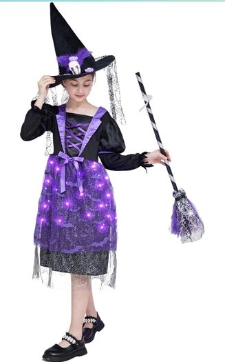 Witch costume with lights, Halloween, girl costume, carnival, cosplay, princess dress with witch broom and hat