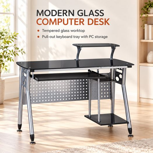 Modern Glass Computer Desk with Pull-Out Keyboard Tray and Storage Shelf