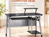 Modern Glass Computer Desk with Pull-Out Keyboard Tray and Storage Shelf