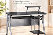 Modern Glass Computer Desk with Pull-Out Keyboard Tray and Storage Shelf