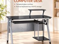 main image for ad Modern Glass Computer Desk with Pull-Out Keyboard Tray and Storage Shelf
