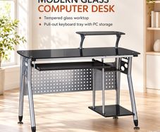 Modern Glass Computer Desk with Pull-Out Keyboard Tray and Storage Shelf