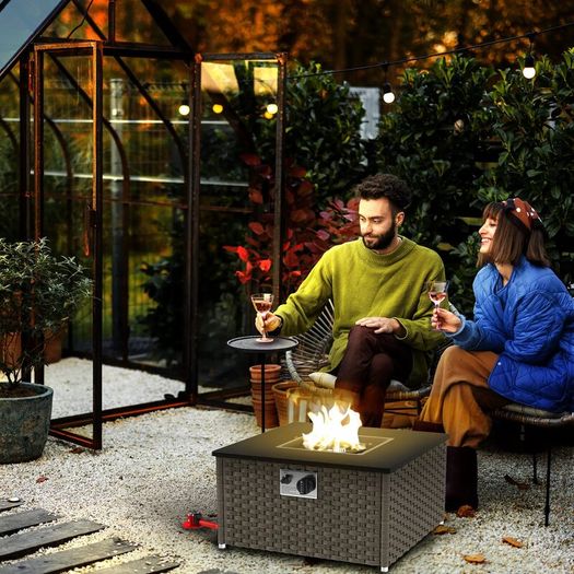 Rattan Gas Fire Pit Table for Garden 13 KW Smokeless Propane Fire Pit with Lid