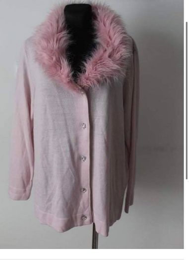 Maxi Blue baby pink faux fur collar cadigan size UK20 EU48 Perfect condition Postage included