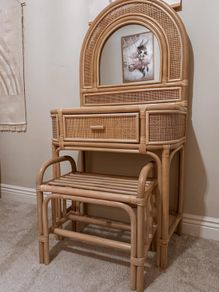 KIDS Vintage Rattan Dressing Table & Stool with cushion