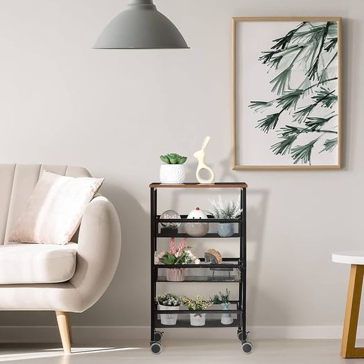 NEW SALE | Kitchen Cart on Wheels, 4 Tier Kitchen Storage Cart, Mesh Snack Cart Organizer with Lockable Wheels, Wood Look Top and Metal Frame for Kitchen