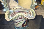 Murano style Multicolored Art Glass Basket Vase with a clear applied handle Postage Available