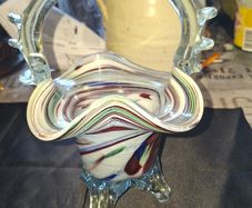 Murano style Multicolored Art Glass Basket Vase with a clear applied handle Postage Available