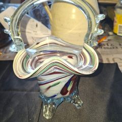 Murano style Multicolored Art Glass Basket Vase with a clear applied handle Postage Available
