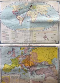 2 large vintage maps Europe and world exploration wall art