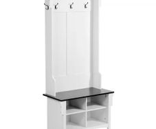 Hall Tree, Wooden Hall Tree with Bench and Shoe Storage, White Hall Tree with Coat Rack, Adjustable Shelves and 5 Hanging Hooks,