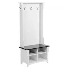Hall Tree, Wooden Hall Tree with Bench and Shoe Storage, White Hall Tree with Coat Rack, Adjustable Shelves and 5 Hanging Hooks,