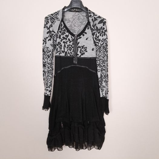 Bai Amour Vintage Black Grey Floral Lace Detail Ruffle Tiered Knit Dress 10-12UK/38-40EU