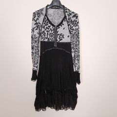 Bai Amour Vintage Black Grey Floral Lace Detail Ruffle Tiered Knit Dress 10-12UK/38-40EU