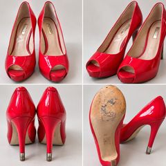 GUESS red patent peep-toe platform stilettos EU 36.